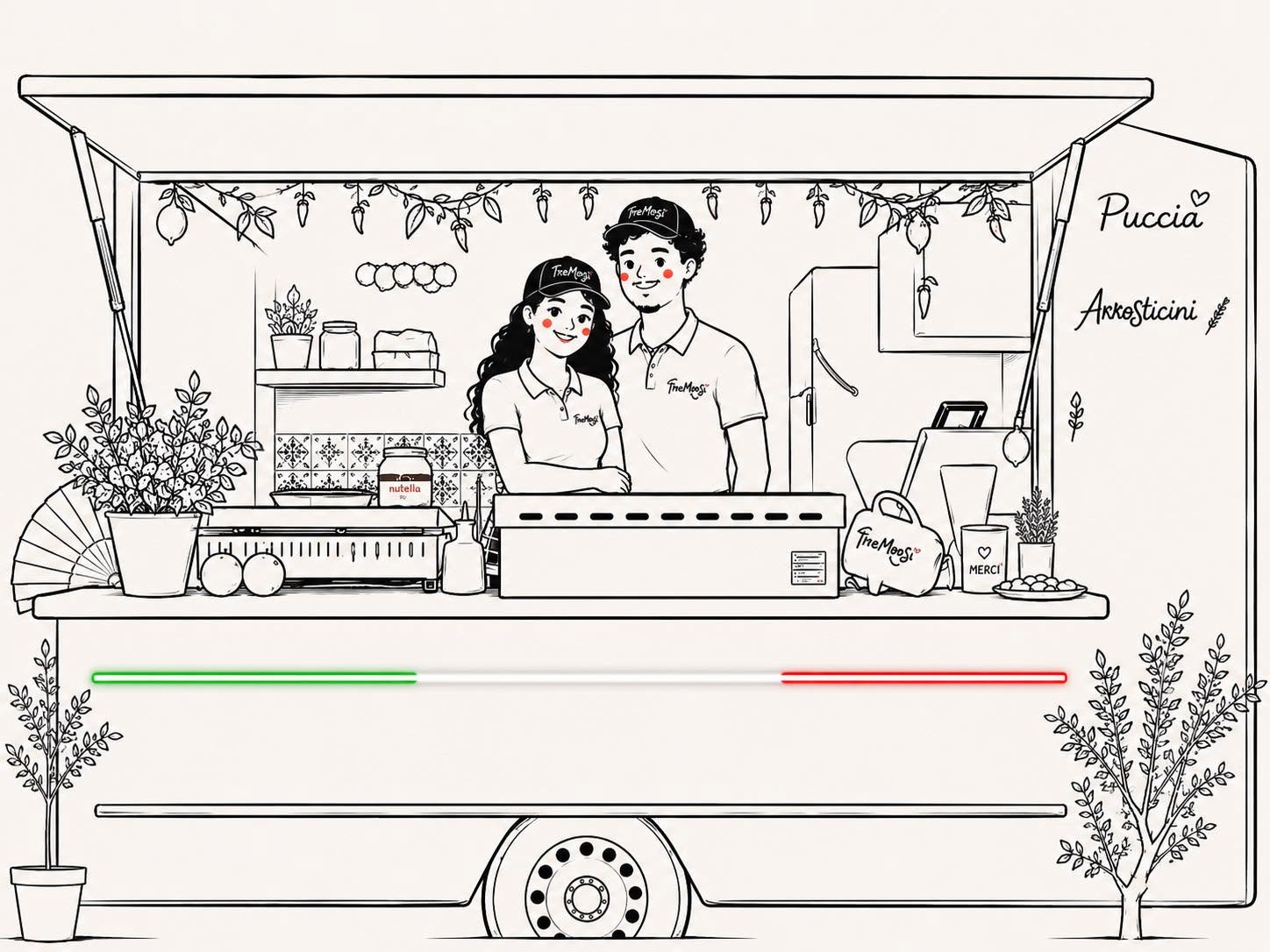 Illustration du food truck Tre Mor Si : le couple derrière le comptoir, guirlande de piments, néon tricolore